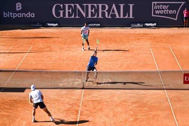 TENNIS - ATP, Tennis Herren Generali Open 2026 KITZBUEHEL,AUSTRIA,24.JUL.26 - TENNIS - ATP World Tour, Generali Open. Image shows Lukas Miedler (AUT), N Sriram Balaji (IND) and Andre Goransson (SWE).  GEPAxpictures xDanielxSchoenherr