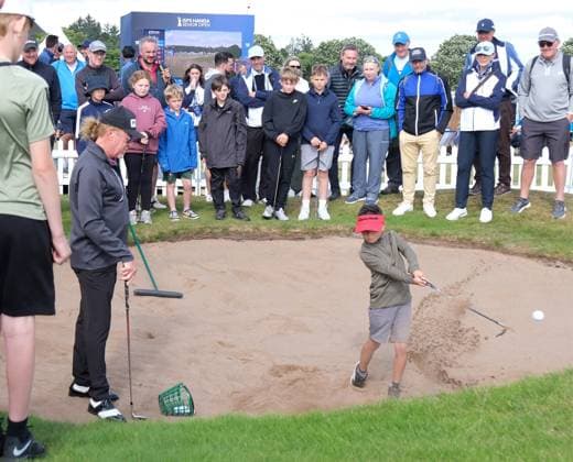 UK: The ISPS HANDA Senior Open Championship at King‚Äôs Course, Gleneagles, Scotland on 24 July 2026: Pictured: Miguel Angel Jimenez (ESP) gave a golf masterclass to youngsters as part of First Tee Stephen Gallacher Foundation during the second round of the ISPS Handa Senior Open Championship 2026 Gleneagles King‚Äôs Course Scotland Scotland Copyright: xAlexxToddx