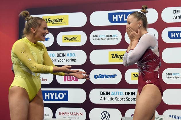 24.07.2026, xhbx, Turnen DM Finals 2026, Mehrkampf Frauen v.l. Karina Schönmaier (TuS 1861 Chemnitz-Altendorf), Silja Stöhr (SG Heddesheim) jubeln jubelt nach Spielende. (DFL DFB REGULATIONS PROHIBIT ANY USE OF PHOTOGRAPHS as IMAGE SEQUENCES and or QUASI-VIDEO) Hannover *** July 24, 2026, xhbx, 2026 German Gymnastics Championships Finals, Women’s All-Around, from left: Karina Schönmaier, TuS 1861 Chemnitz Altendorf, Silja Stöhr (SG Heddesheim) cheers after the game ends. DFL and DFB regulations prohibit any use of photographs as image sequences and or quasi-video. Hanover