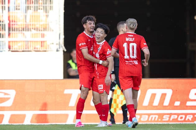 Regionalliga Nordost: FC Rot-Weiß Erfurt vs. BFC Dynamo; Erfurt; 24.07.2026 Jubel, Dustin Forkel ( 17; FC Rot-Weiß Erfurt) (links), Hinata Gonda ( 34; FC Rot-Weiß Erfurt) (Bildmitte) und Marco Ferdinand Wolf ( 10; FC Rot-Weiß Erfurt) (rechts) Regionalliga Nordost: FC Rot-Weiß Erfurt vs. BFC Dynamo; Steigerwaldstadion Erfurt; 24.07.2026 *** Northeast Regional League: FC Rot Weiß Erfurt vs. BFC Dynamo Erfurt, July 24, 2026. Celebration, Dustin Forkel (17, FC Rot Weiß Erfurt) on the left, Hinata Gonda (34, FC Rot Weiß Erfurt) in the center, and Marco Ferdinand Wolf (10, FC Rot Weiß Erfurt) on the right. Northeast Regional League: FC Rot Weiß Erfurt vs. BFC Dynamo at Steigerwaldstadion, Erfurt, July 24, 2026 Copyright: xBEAUTIFULxSPORTS Duehringx