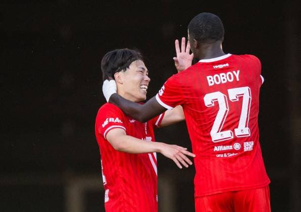 FUSSBALL REGIONALLIGA NORDOST - SAISON 2026-2027 - 1. SPIELTAG FC ROT WEISS ERFURT - BFC DYNAMO ** NUR FÜR REDAKTIONELLE ZWECKE ** EDITORIAL USE ONLY **<p>24 07 2026-Erfurt: Fussball Regionalliga Nordost 1. Spieltag Saison 2026-2027 Steigerwaldstadion FC Rot Weiss Erfurt - BFC Dynamo im Foto: Jubel bei Hinata Gonda 34 (FC Rot-Weiß Erfurt) und Benny Boboy 27 (Rot-Weiß Erfurt) nach dem Treffer zum 4:0. ( Deutschland Thueringen Erfurt Copyright: SaschaxFromm *** SOCCER REGIONAL LEAGUE NORTHEAST 2026–2027 SEASON, MATCHDAY 1: FC ROT WEISS ERFURT vs. BFC DYNAMO ** FOR EDITORIAL PURPOSES ONLY ** EDITORIAL USE ONLY ** July 24, 2026 Erfurt Soccer Regional League Northeast Matchday 1, 2026–2027 Season Steigerwaldstadion FC Rot-Weiss Erfurt vs. BFC Dynamo in the photo: Hinata Gonda (34) of FC Rot-Weiss Erfurt and Benny Boboy (2) celebrate7 Rot-Weiss Erfurt after scoring the 4–0 goal Germany Thuringia Erfurt Copyright SaschaxFromm Copyright: SaschaxFromm doc86uxxqrvt2g838mwmda ,EDITORIAL USE ONLY
