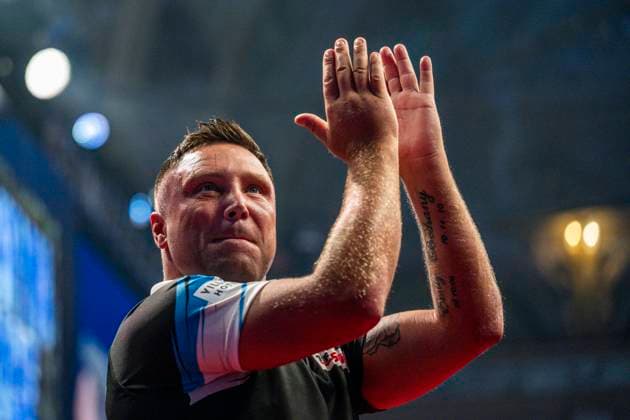 RECORD DATE NOT STATED 24th July 2026, Winter Gardens, Blackpool, Lancashire, England; 2026 Betfred World Matchplay Darts, Day Seven; Gerwen Price arrives on stage for his quarter final match against Ross Smith GodfreyxPitt