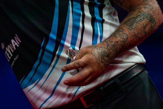 RECORD DATE NOT STATED 24th July 2026, Winter Gardens, Blackpool, Lancashire, England; 2026 Betfred World Matchplay Darts, Day Seven; Detail of a dart in the hand of Gerwen Price GodfreyxPitt