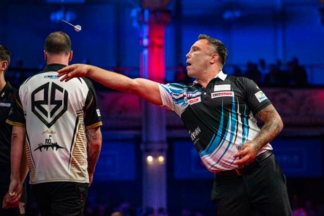 RECORD DATE NOT STATED 24th July 2026, Winter Gardens, Blackpool, Lancashire, England; 2026 Betfred World Matchplay Darts, Day Seven; Gerwen Price in action on the oche in his quarter final match against Ross Smith GodfreyxPitt