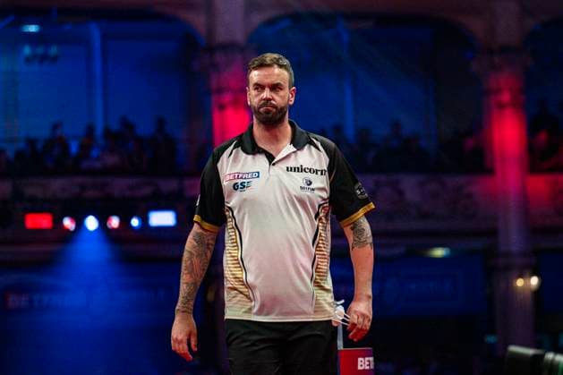 RECORD DATE NOT STATED 24th July 2026, Winter Gardens, Blackpool, Lancashire, England; 2026 Betfred World Matchplay Darts, Day Seven; Ross Smith watches his opponent Gerwen Price on the oche GodfreyxPitt