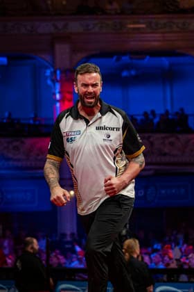 RECORD DATE NOT STATED 24th July 2026, Winter Gardens, Blackpool, Lancashire, England; 2026 Betfred World Matchplay Darts, Day Seven; Ross Smith celebrates winning a leg in his quarter final match against Gerwen Price GodfreyxPitt