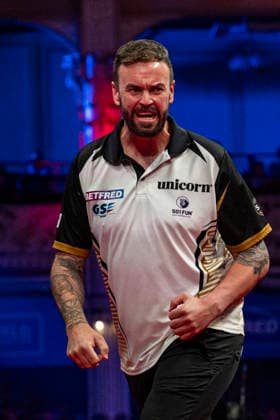 RECORD DATE NOT STATED 24th July 2026, Winter Gardens, Blackpool, Lancashire, England; 2026 Betfred World Matchplay Darts, Day Seven; Ross Smith celebrates winning a leg in his quarter final match against Gerwen Price GodfreyxPitt