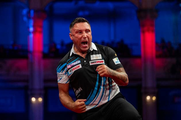 RECORD DATE NOT STATED 24th July 2026, Winter Gardens, Blackpool, Lancashire, England; 2026 Betfred World Matchplay Darts, Day Seven; Gerwen Price celebrates winning a leg in his quarter final match against Ross Smith GodfreyxPitt