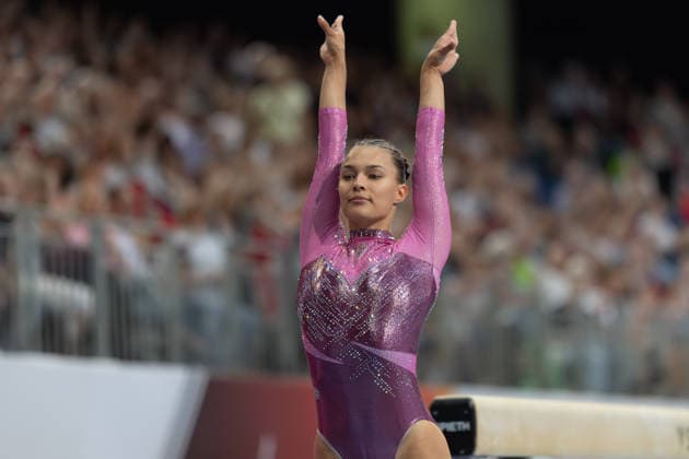 Deutsche Meisterschaften im Gerätturnen 2026, Mehrkampf Frauen Jessica Schlegel (TuG Leipzig) am Schwebebalken. Deutsche Meisterschaften im Gerätturnen, Mehrkampf Frauen, am 24. Juli 2026 in der ZAG-Arena in Hannover., Hannover Niedersachsen Deutschland ZAG Arena *** 2026 German Artistic Gymnastics Championships, Women’s All-Around: Jessica Schlegel of TuG Leipzig on the balance beam. German Artistic Gymnastics Championships, Women’s All-Around, on July 24, 2026, at the ZAG Arena in Hanover, Hanover, Lower Saxony, Germany. ZAG Arena