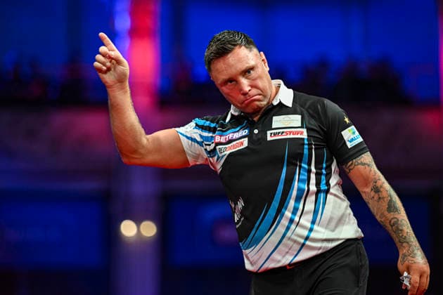 RECORD DATE NOT STATED 24th July 2026, Winter Gardens, Blackpool, Lancashire, England; 2026 Betfred World Matchplay Darts, Day Seven; Gerwyn Price celebrates winning a leg in his quarter final match against Ross Smith GodfreyxPitt