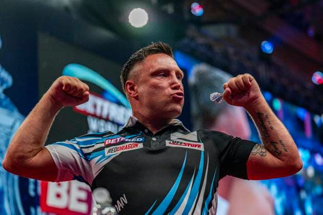 RECORD DATE NOT STATED 24th July 2026, Winter Gardens, Blackpool, Lancashire, England; 2026 Betfred World Matchplay Darts, Day Seven; Gerwyn Price celebrates winning his quarter final match against Ross Smith GodfreyxPitt