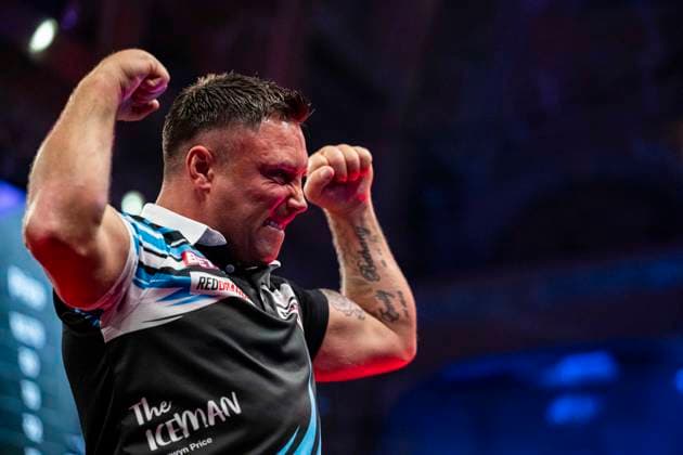 RECORD DATE NOT STATED 24th July 2026, Winter Gardens, Blackpool, Lancashire, England; 2026 Betfred World Matchplay Darts, Day Seven; Gerwyn Price celebrates winning his quarter final match against Ross Smith GodfreyxPitt