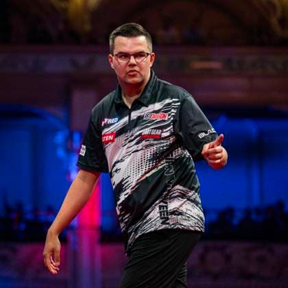 RECORD DATE NOT STATED 24th July 2026, Winter Gardens, Blackpool, Lancashire, England; 2026 Betfred World Matchplay Darts, Day Seven; Gian van Veen celebrates winning a leg in his quarter final match against James Wade GodfreyxPitt