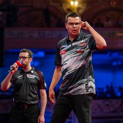 RECORD DATE NOT STATED 24th July 2026, Winter Gardens, Blackpool, Lancashire, England; 2026 Betfred World Matchplay Darts, Day Seven; Gian van Veen celebrates winning a leg in his quarter final match against James Wade GodfreyxPitt
