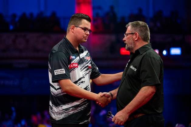 RECORD DATE NOT STATED 24th July 2026, Winter Gardens, Blackpool, Lancashire, England; 2026 Betfred World Matchplay Darts, Day Seven; James Wade congratulates Gian van Veen on his victory in their quarter final match GodfreyxPitt