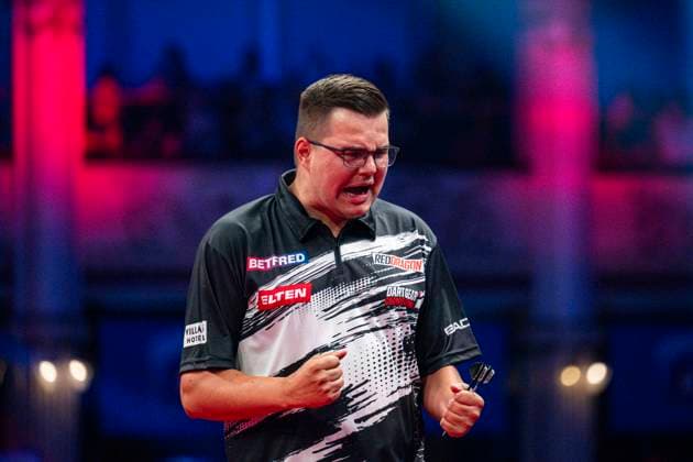 RECORD DATE NOT STATED 24th July 2026, Winter Gardens, Blackpool, Lancashire, England; 2026 Betfred World Matchplay Darts, Day Seven; Gian van Veen celebrates winning his quarter final match against James Wade GodfreyxPitt