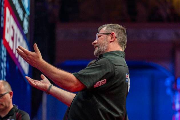 RECORD DATE NOT STATED 24th July 2026, Winter Gardens, Blackpool, Lancashire, England; 2026 Betfred World Matchplay Darts, Day Seven; James Wade misses a double in his quarter final match against Gian van Veen GodfreyxPitt