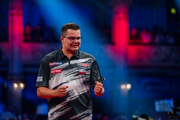 RECORD DATE NOT STATED 24th July 2026, Winter Gardens, Blackpool, Lancashire, England; 2026 Betfred World Matchplay Darts, Day Seven; Gian van Veen celebrates winning his quarter final match against James Wade GodfreyxPitt