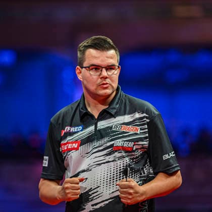 RECORD DATE NOT STATED 24th July 2026, Winter Gardens, Blackpool, Lancashire, England; 2026 Betfred World Matchplay Darts, Day Seven; Gian van Veen celebrates winning a leg in his quarter final match against James Wade GodfreyxPitt