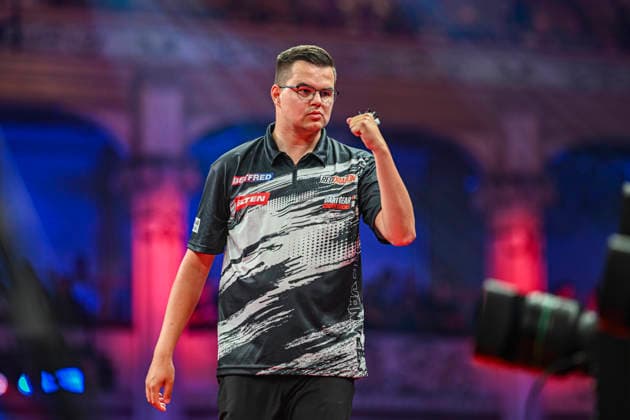 RECORD DATE NOT STATED 24th July 2026, Winter Gardens, Blackpool, Lancashire, England; 2026 Betfred World Matchplay Darts, Day Seven; Gian van Veen celebrates winning a leg in his quarter final match against James Wade GodfreyxPitt