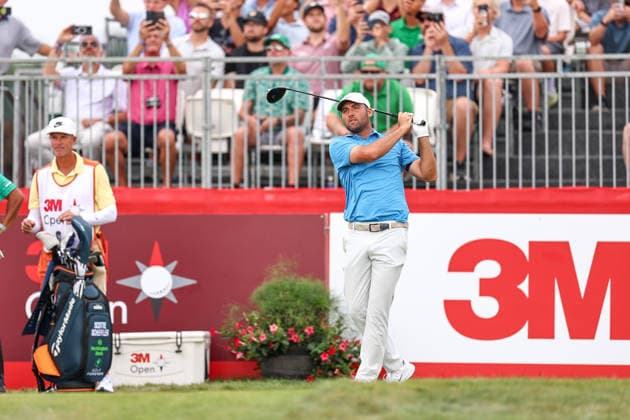 Scottie Scheffler of the United States hits his tee shot on the 18th tee during the second round of the 2026 3M Open at TPC Twin Cities on July 24, 2026 in Blaine, Minnesota. CSM Blaine USA - ZUMAc04_ 20260724_zma_c04_151 Copyright: xStevenxGarciax