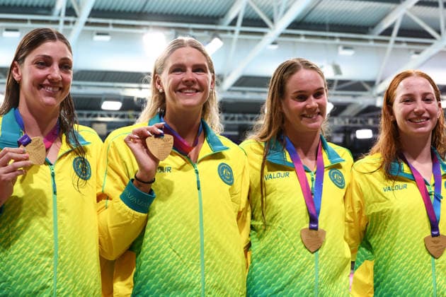 July 24, 2026, Glasgow, Scotland, Great Britain: MOLLIE O CALLAGHAN, ALEX PERKINS, SHAYNA JACK and MEG HARRIS of Australia pose with their gold medals in the the Women s 4 x 100m Freestyle Relay Medal Ceremony of the Commonwealth Games Glasgow 2026 at the Tollcross International Swimming Centre in Glasgow, Scotland Glasgow Great Britain - ZUMAc179 20260724_zep_c179_566 Copyright: xMickaelxChavetx