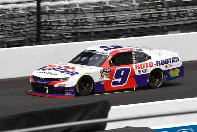 INDIANAPOLIS, IN - JULY 24: Ross Chastain (9) JR Motorsports (JRM) Chevrolet SS turns the quickest lap in NASCAR, Motorsport, USA O™Reilly Auto Parts Series Pennzoil 250 practice on Friday, July 24, 2026, at the Indianapolis Motor Speedway in Speedway, Indiana. (Photo by David Allio Icon Sportswire) AUTO: JUL 24 NASCAR O™Reilly Auto Parts Series Pennzoil 250 EDITORIAL USE ONLY Icon95126072401