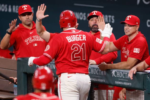 July 24, 2026, Arlington, Texas, USA: Texas Rangers first baseman JAKE BURGER (21) celebrates a home run in the fourth inning during a baseball game, Friday, July 24, 2026, in Arlington, Texas. Arlington USA - ZUMAa325 20260724_zsa_a325_018 Copyright: xDavidxBalleringxIix