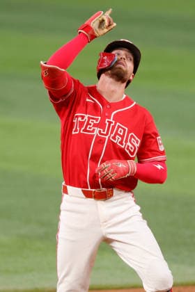 July 24, 2026, Arlington, Texas, USA: Texas Rangers right fielder BRANDON NIMMO (24) celebrates a double in the first inning during a baseball game, Friday, July 24, 2026, in Arlington, Texas. Arlington USA - ZUMAa325 20260724_zsa_a325_030 Copyright: xDavidxBalleringxIix