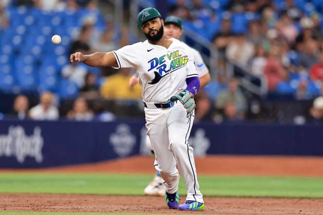 July 24, 2026, St. Petersburg, Florida, USA: Tampa Bay Rays third baseman Junior Caminero (13) fields a ground ball off the bat of Cleveland Guardians right fielder Angel MartoÂ­nez (1) and throws him out at first base during an MLB, Baseball Herren, USA game on July 24, 2026 at Tropicana Field. The Rays beat the Guardians 11-3. St. Petersburg USA - ZUMAh180 20260724_zsp_h180_025 Copyright: xKimxHukarix