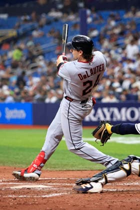 July 24, 2026, St. Petersburg, Florida, USA: Cleveland Guardians designated hitter Chase DeLauter (24) doubles to right field during an MLB, Baseball Herren, USA game against the Tampa Bay Rays on July 24, 2026 at Tropicana Field. The Rays beat the Guardians 11-3. St. Petersburg USA - ZUMAh180 20260724_zsp_h180_034 Copyright: xKimxHukarix