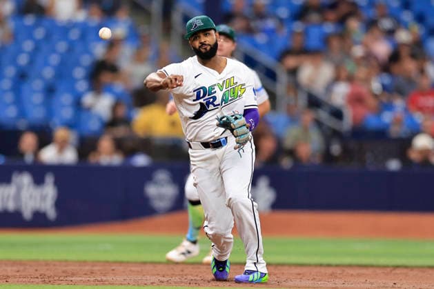 July 24, 2026, St. Petersburg, Florida, USA: Tampa Bay Rays third baseman Junior Caminero (13) fields a ground ball off the bat of Cleveland Guardians right fielder Angel MartoÂ­nez (1) and throws him out at first base during an MLB, Baseball Herren, USA game on July 24, 2026 at Tropicana Field. The Rays beat the Guardians 11-3. St. Petersburg USA - ZUMAh180 20260724_zsp_h180_037 Copyright: xKimxHukarix