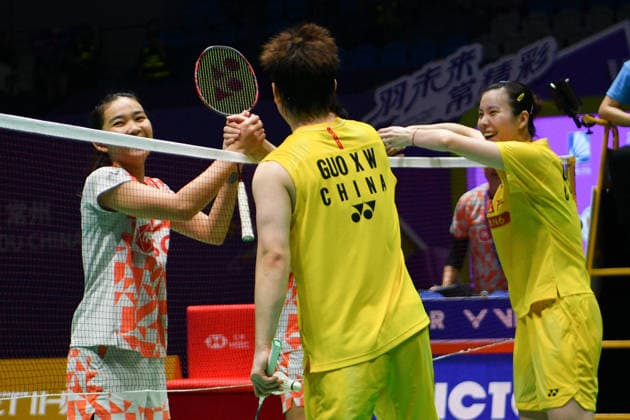 CHANGZHOU, CHINA - JULY 25: Guo Xinwa and Chen Fanghui of China high-five Dechapol Puavaranukroh and Supissara Paewsampran of Thailand after the Mixed Doubles Semifinal match on day 5 of the China Open 2026 at Changzhou Olympic Sports Center Gymnasium on July 25, 2026 in Changzhou, Jiangsu Province of China.  Copyright: xVCGx 111656308389