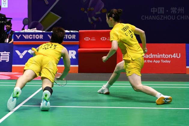 CHANGZHOU, CHINA - JULY 25: Guo Xinwa and Chen Fanghui of China compete in the Mixed Doubles Semifinal match against Dechapol Puavaranukroh and Supissara Paewsampran of Thailand on day 5 of the China Open 2026 at Changzhou Olympic Sports Center Gymnasium on July 25, 2026 in Changzhou, Jiangsu Province of China.  Copyright: xVCGx 111656308383