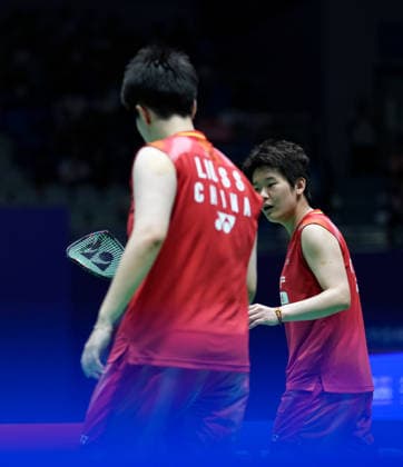 (260725) -- CHANGZHOU, July 25, 2026 -- Liu Shengshu Tan Ning (R) react during the women s doubles semifinal match between Liu Shengshu Tan Ning of China and Baek Ha Na Lee So Hee of South Korea at the 2026 China Open badminton tournament in Changzhou, east China s Jiangsu Province, July 25, 2026. ) (SP)CHINA-CHANGZHOU-BADMINTON-CHINA OPEN-WOMEN S DOUBLES (CN) SunxFei 