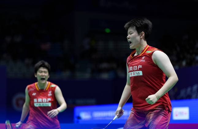 (260725) -- CHANGZHOU, July 25, 2026 -- Liu Shengshu (R) Tan Ning celebrate a point during the women s doubles semifinal match between Liu Shengshu Tan Ning of China and Baek Ha Na Lee So Hee of South Korea at the 2026 China Open badminton tournament in Changzhou, east China s Jiangsu Province, July 25, 2026. ) (SP)CHINA-CHANGZHOU-BADMINTON-CHINA OPEN-WOMEN S DOUBLES (CN) SunxFei 