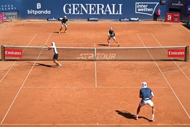 TENNIS - ATP, Tennis Herren Generali Open 2026 KITZBUEHEL,AUSTRIA,25.JUL.26 - TENNIS - ATP World Tour, Generali Open. Image shows Lukas Miedler (AUT), Mark Wallner, Jakob Schnaitter (GER) and Marc Polmans (AUS).  GEPAxpictures xDanielxSchoenherr