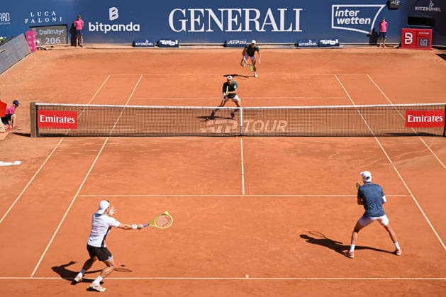 TENNIS - ATP, Tennis Herren Generali Open 2026 KITZBUEHEL,AUSTRIA,25.JUL.26 - TENNIS - ATP World Tour, Generali Open. Image shows Lukas Miedler (AUT), Jakob Schnaitter, Mark Wallner (GER) and Marc Polmans (AUS).  GEPAxpictures xDanielxSchoenherr