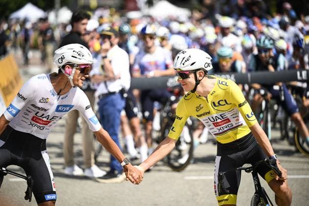 Mexican Isaac Del Toro of UAE Team Emirates XRG and Slovenian Tadej Pogacar of UAE Team Emirates XRG pictured at the start of stage 20 of the 2026 Tour de France cycling race, a stage of 171km Le Bourg d Oisans to Alpe d Huez, on Saturday 25 July 2026. The 113th edition of the Tour de France starts on Saturday 4 July in Barcelona, Spain, and will finish in Paris, France on the 26th of July. JASPERxJACOBS  x181995036x
