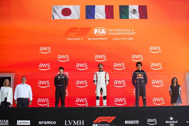 AUTO - FORMULA 3 2026 - BUDAPEST NAEL ThÃ ophile (fra), Campos Racing, Dallara F3 2025, portrait LE Kanato (jpn), ART Grand Prix, Dallara F3 2025, action RIVERA Ernesto (mex), Campos Racing, Dallara F3 2025, action podium during the 7th round of the 2026 FIA Formula 3 Championship from July 24 to 26, 2026 on the Hungaroring, in Mogyorod near Budapest, Hungary - MogyorodHungary  Copyright: xXavixBonillax
