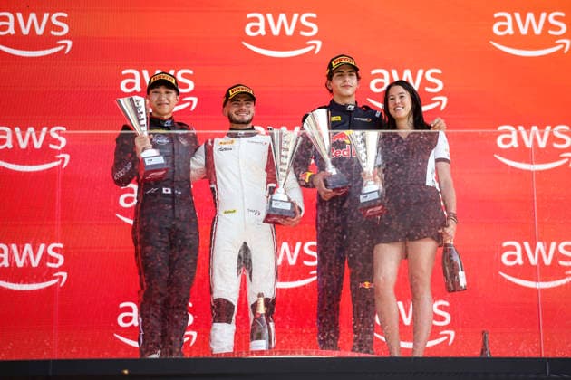 AUTO - FORMULA 3 2026 - BUDAPEST NAEL ThÃ ophile (fra), Campos Racing, Dallara F3 2025, portrait LE Kanato (jpn), ART Grand Prix, Dallara F3 2025, action RIVERA Ernesto (mex), Campos Racing, Dallara F3 2025, action podium during the 7th round of the 2026 FIA Formula 3 Championship from July 24 to 26, 2026 on the Hungaroring, in Mogyorod near Budapest, Hungary - MogyorodHungary  Copyright: xXavixBonillax