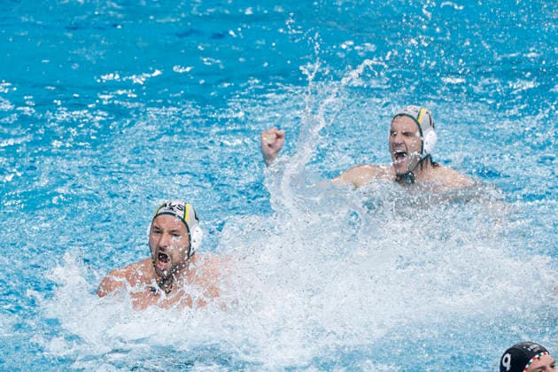Water polo, Wasserball WORLD CUP AUSTRALIA HUNGARY, Nicolas Constantin-Bicari of Australia celebrates scoring a goal during the Water Polo World Cup Men s Semi Final match between Australia and Hungary at Sydney Olympic Park Aquatic Centre in Sydney, Saturday, July 25, 2026. ( NO ARCHIVING, EDITORIAL USE ONLY SYDNEY NEW SOUTH WALES AUSTRALIA  Copyright: xMARKxEVANSx 20260725148977666271