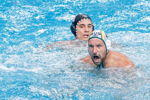 Water polo, Wasserball WORLD CUP AUSTRALIA HUNGARY, Nicolas Constantin-Bicari of Australia celebrates scoring a goal during the Water Polo World Cup Men s Semi Final match between Australia and Hungary at Sydney Olympic Park Aquatic Centre in Sydney, Saturday, July 25, 2026. ( NO ARCHIVING, EDITORIAL USE ONLY SYDNEY NEW SOUTH WALES AUSTRALIA  Copyright: xMARKxEVANSx 20260725164412424259