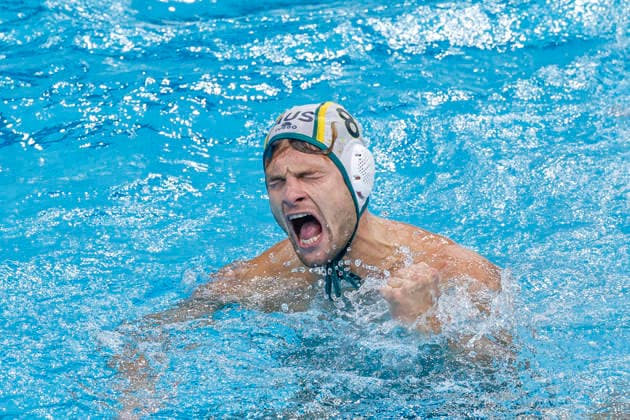 Water polo, Wasserball WORLD CUP AUSTRALIA HUNGARY, Jacob Mercep of Australia celebrates scoring a goal during the Water Polo World Cup Men s Semi Final match between Australia and Hungary at Sydney Olympic Park Aquatic Centre in Sydney, Saturday, July 25, 2026. ( NO ARCHIVING, EDITORIAL USE ONLY SYDNEY NEW SOUTH WALES AUSTRALIA  Copyright: xMARKxEVANSx 20260725170902632651