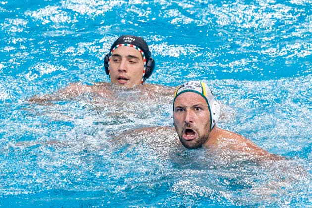Water polo, Wasserball WORLD CUP AUSTRALIA HUNGARY, Nicolas Constantin-Bicari of Australia celebrates scoring a goal during the Water Polo World Cup Men s Semi Final match between Australia and Hungary at Sydney Olympic Park Aquatic Centre in Sydney, Saturday, July 25, 2026. ( NO ARCHIVING, EDITORIAL USE ONLY SYDNEY NEW SOUTH WALES AUSTRALIA  Copyright: xMARKxEVANSx 20260725176660789017