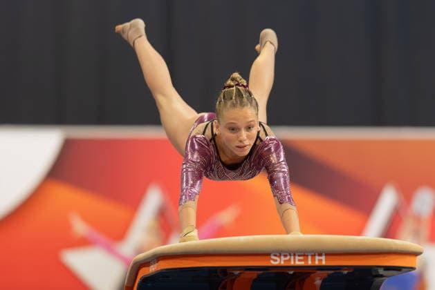 Deutsche Meisterschaften im Gerätturnen 2026, Gerätfinals Deutsche Vizemeisterin im Sprung: Mia Reimann (TSV Jetzendorf). Deutsche Meisterschaften im Gerätturnen, Gerätfinals, am 25. Juli 2026 in der ZAG-Arena in Hannover., Hannover Niedersachsen Deutschland ZAG Arena *** 2026 German Artistic Gymnastics Championships, Apparatus Finals; Mia Reimann (TSV Jetzendorf) – German runner-up in the vault; German Artistic Gymnastics Championships, Apparatus Finals, on July 25, 2026, at the ZAG Arena in Hanover, Hanover, Lower Saxony, Germany; ZAG Arena
