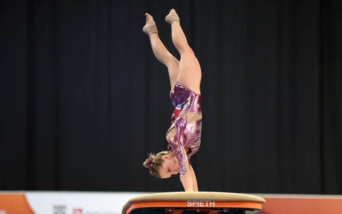 25.07.2026, xhbx, Turnen DM Finals 2026, Gerätfinals Frauen v.l. Mia Reinmann Sprung (DFL DFB REGULATIONS PROHIBIT ANY USE OF PHOTOGRAPHS as IMAGE SEQUENCES and or QUASI-VIDEO) Hannover *** July 25, 2026, xhbx, 2026 German Gymnastics Championships Finals, Women s Apparatus Finals, from left: Mia Reinmann, Vault. DFL and DFB regulations prohibit any use of photographs as image sequences and or quasi-video. Hanover