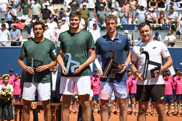 TENNIS - ATP, Tennis Herren Generali Open 2026 KITZBUEHEL,AUSTRIA,25.JUL.26 - TENNIS - ATP World Tour, Generali Open. Image shows Jakob Schnaitter, Mark Wallner (GER), Marc Polmans (AUS) and Lukas Miedler (AUT); keywords: award ceremony.  GEPAxpictures xDanielxSchoenherr