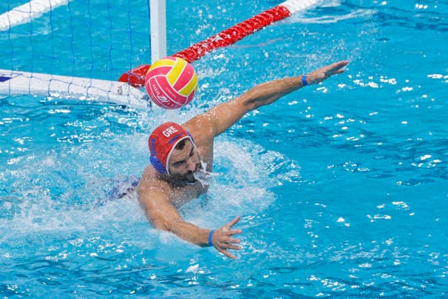 Water polo, Wasserball WORLD CUP ‹GREECE ITALY, Panagiotis Tzortzatos of Greece saves a shot on goal during the Water Polo World Cup Men s Semi Final match between Greece and Italy at Sydney Olympic Park Aquatic Centre in Sydney, Saturday, July 25, 2026. ( NO ARCHIVING, EDITORIAL USE ONLY SYDNEY NEW SOUTH WALES AUSTRALIA  Copyright: xMARKxEVANSx 20260725185741609680