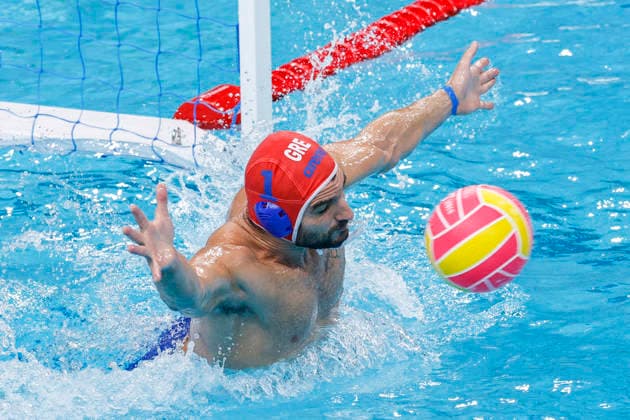 Water polo, Wasserball WORLD CUP ‹GREECE ITALY, Panagiotis Tzortzatos of Greece saves a shot on goal during the Water Polo World Cup Men s Semi Final match between Greece and Italy at Sydney Olympic Park Aquatic Centre in Sydney, Saturday, July 25, 2026. ( NO ARCHIVING, EDITORIAL USE ONLY SYDNEY NEW SOUTH WALES AUSTRALIA  Copyright: xMARKxEVANSx 20260725167561305090